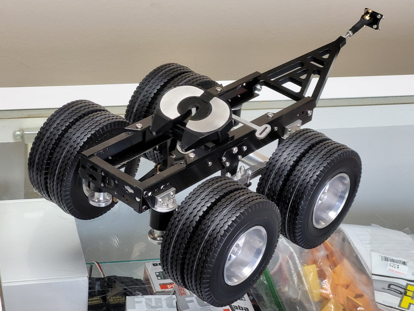 Aluminum 2 Axles Dolly Pin Mount 5th Wheel Coupler 1/14 R/C Semi Tractor Pull Trailer for Tamiya King Hauler Grand Hauler Knight Hauler Globeliner Scania Actros Semi