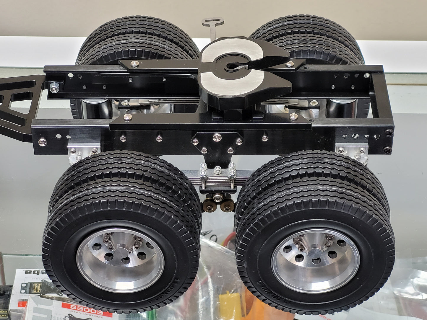 Aluminum 2 Axles Dolly Pin Mount 5th Wheel Coupler 1/14 R/C Semi Tractor Pull Trailer for Tamiya King Hauler Grand Hauler Knight Hauler Globeliner Scania Actros Semi