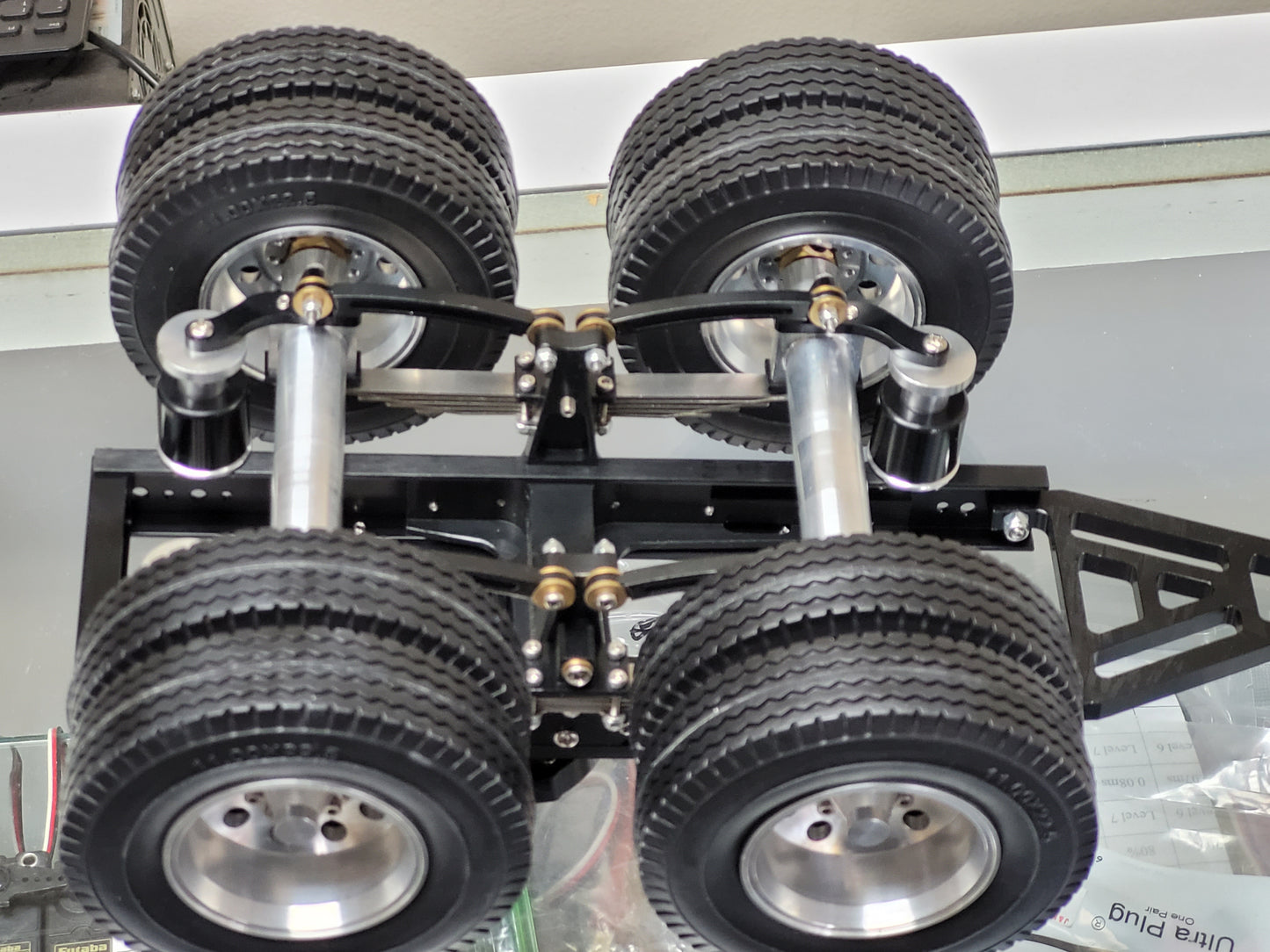 Aluminum 2 Axles Dolly Pin Mount 5th Wheel Coupler 1/14 R/C Semi Tractor Pull Trailer for Tamiya King Hauler Grand Hauler Knight Hauler Globeliner Scania Actros Semi