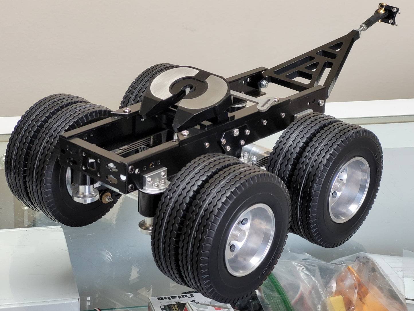 Aluminum 2 Axles Dolly Pin Mount 5th Wheel Coupler 1/14 R/C Semi Tractor Pull Trailer for Tamiya King Hauler Grand Hauler Knight Hauler Globeliner Scania Actros Semi