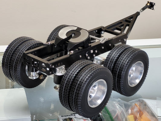 Aluminum 2 Axles Dolly Pin Mount 5th Wheel Coupler 1/14 R/C Semi Tractor Pull Trailer for Tamiya King Hauler Grand Hauler Knight Hauler Globeliner Scania Actros Semi