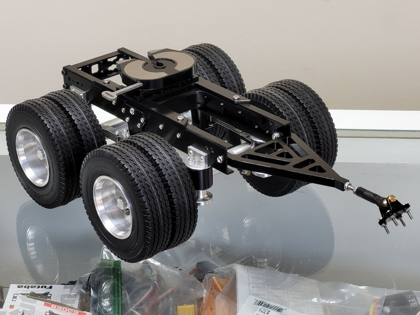 Aluminum 2 Axles Dolly Pin Mount 5th Wheel Coupler 1/14 R/C Semi Tractor Pull Trailer for Tamiya King Hauler Grand Hauler Knight Hauler Globeliner Scania Actros Semi